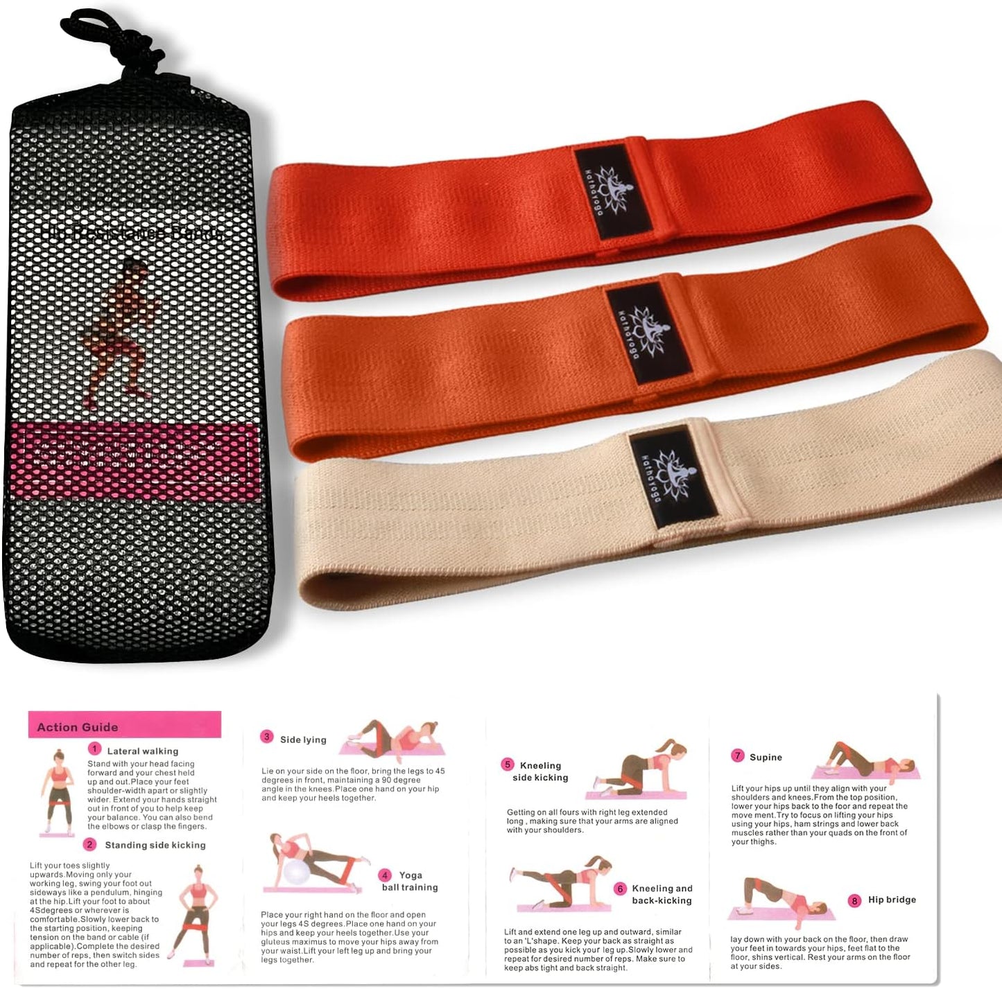 Hatha Yoga Large Resistance Band,14.5" x3.15",Fabric Exercise Loop Bands with Instruction Guide and Carry Bag, Set of 3.