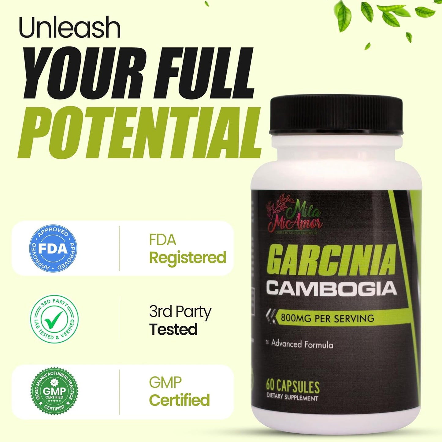 Mila Miamor Garcinia Cambogia Extract Supplement (50% HCA), 800 mg for Weight, Metabolism, Appetite & Energy Support, Caffeine Free, Non-GMO, Gluten Free, 60 Capsules