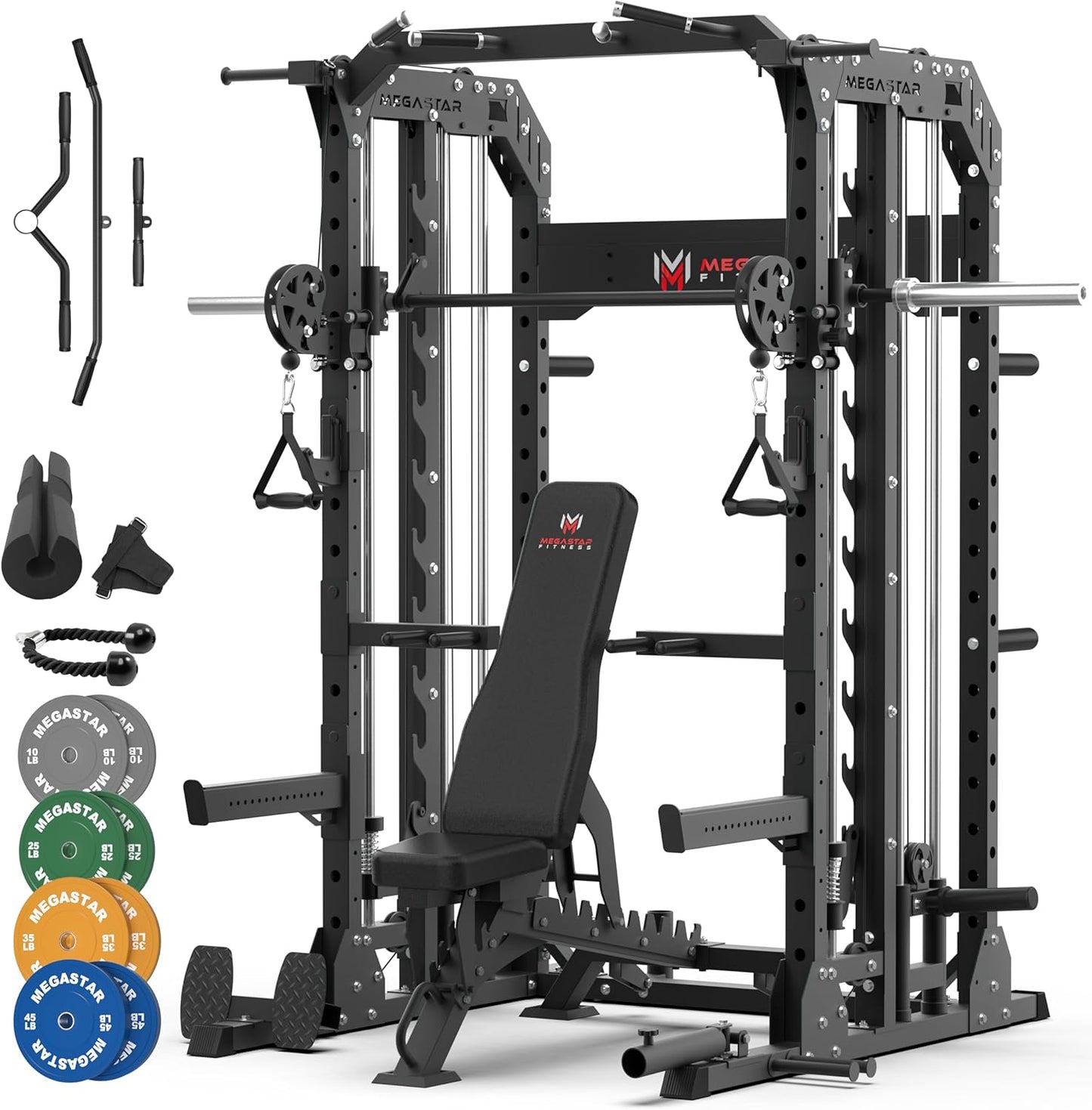 Smith Machine Home Gym with Aluminum Pulley Set - 2000lbs Capacity All-in-One Power Rack with Cable Crossover, Pull-Up Bar & Dip Station, Includes 18 Attachments, P107 Anvil