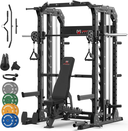 Smith Machine Home Gym with Aluminum Pulley Set - 2000lbs Capacity All-in-One Power Rack with Cable Crossover, Pull-Up Bar & Dip Station, Includes 18 Attachments, P107 Anvil
