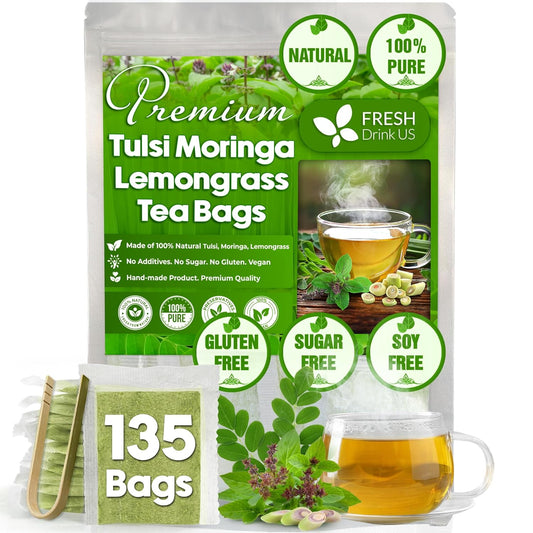 FreshDrinkUS, Premium 135 Tea Bags Tulsi Moringa Lemongrass, 100% Natural & Pure from Tulsi Holy Basil Leaves, Moringa & Lemongrass. Made with Natural Material Tea Bags. No Sugar, No Caffeine, Vegan.