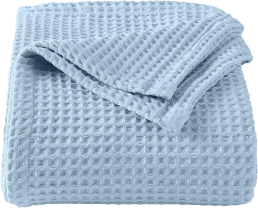 100% Cotton Waffle Weave Queen Bed Blanket | Soft, Breathable, and Lightweight Blanket for All-Seasons | Perfect for Layering | Brielle Collection (King, Sky Blue)