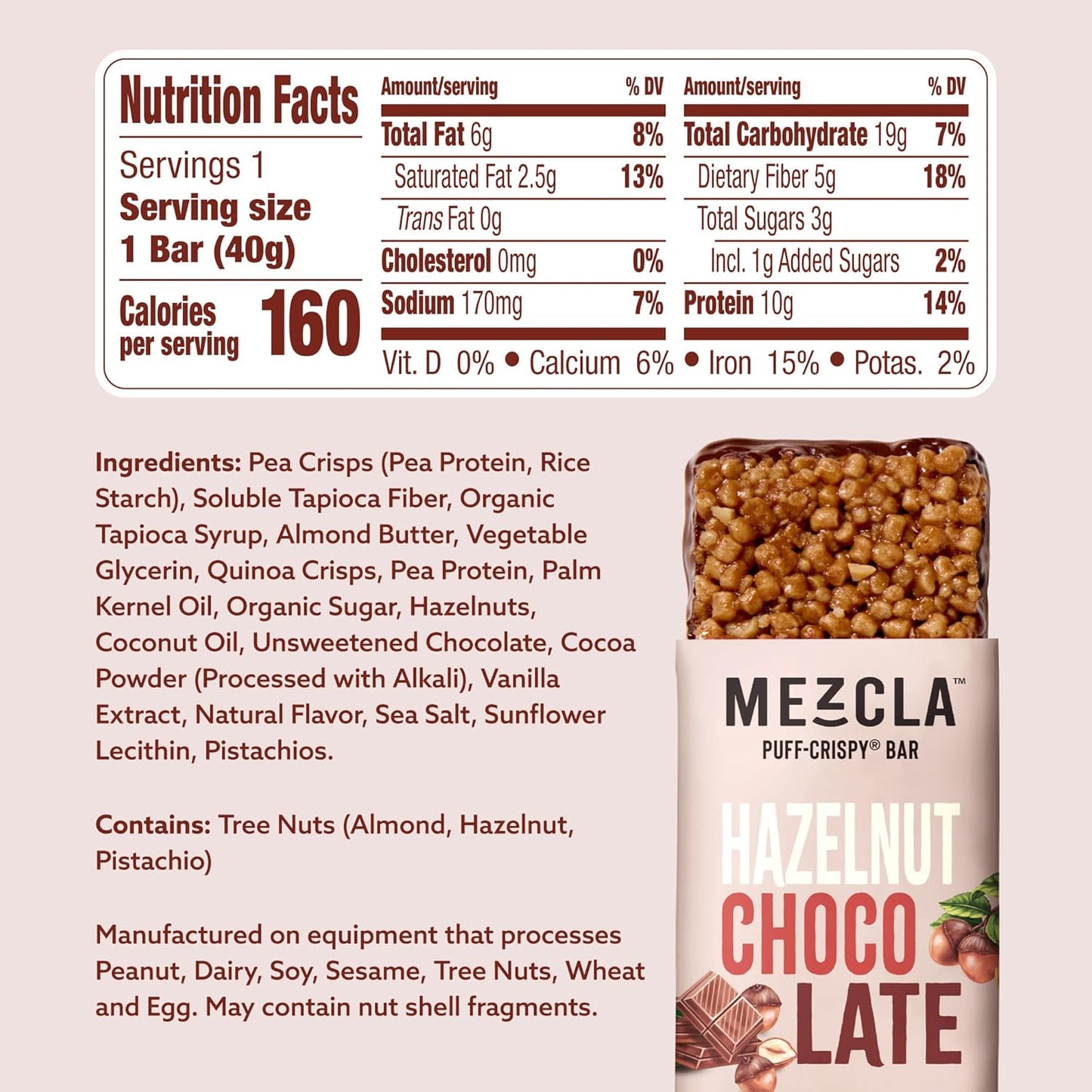 Mezcla Puff Crispy Protein Bars, Gluten Free & Vegan Protein Bars, 10g Protein, Alt for Crispy Rice Treat, Granola Bars & Breakfast Bars, Healthy Snacks for Adults, Hazelnut Chocolate, 12 Pack