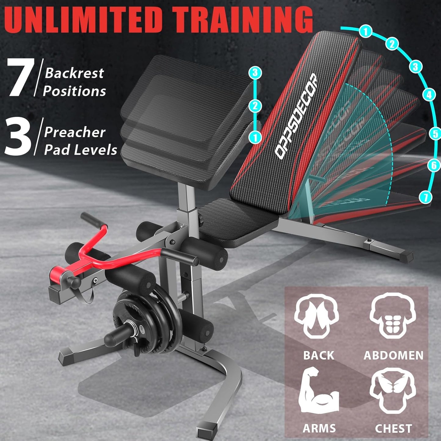 OPPSDECOR 900LBS Adjustable Weight Bench Press with Leg Extension and Preacher Curl Pad, Flat Incline Decline Utility Workout Bench for Home Gym Exercise