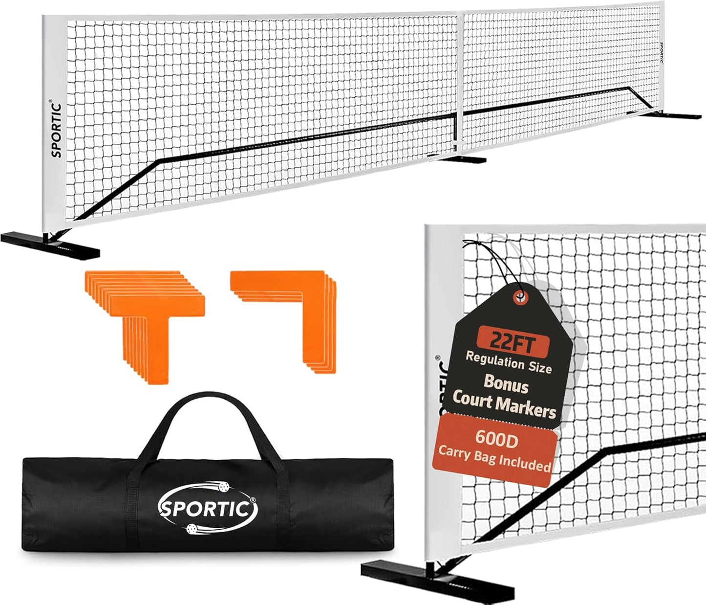 SPORTIC 22FT Pickleball Net Set – Regulation Size Portable Net with Carry Bag, Court Markers, Quick Setup Steel Frame for Driveway, Backyard, Indoor & Outdoor