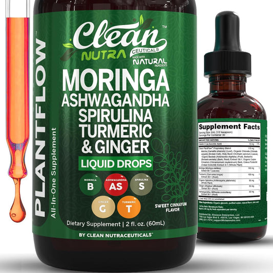 Clean Nutra Moringa Supplement Drops Ashwagandha Spirulina Chlorella Turmeric & Ginger Liquid Barley Grass with Chlorophyll Blue Green Algae Vitamin C Antioxidant Holy Basil Ceylon Cinnamon PlantFlow