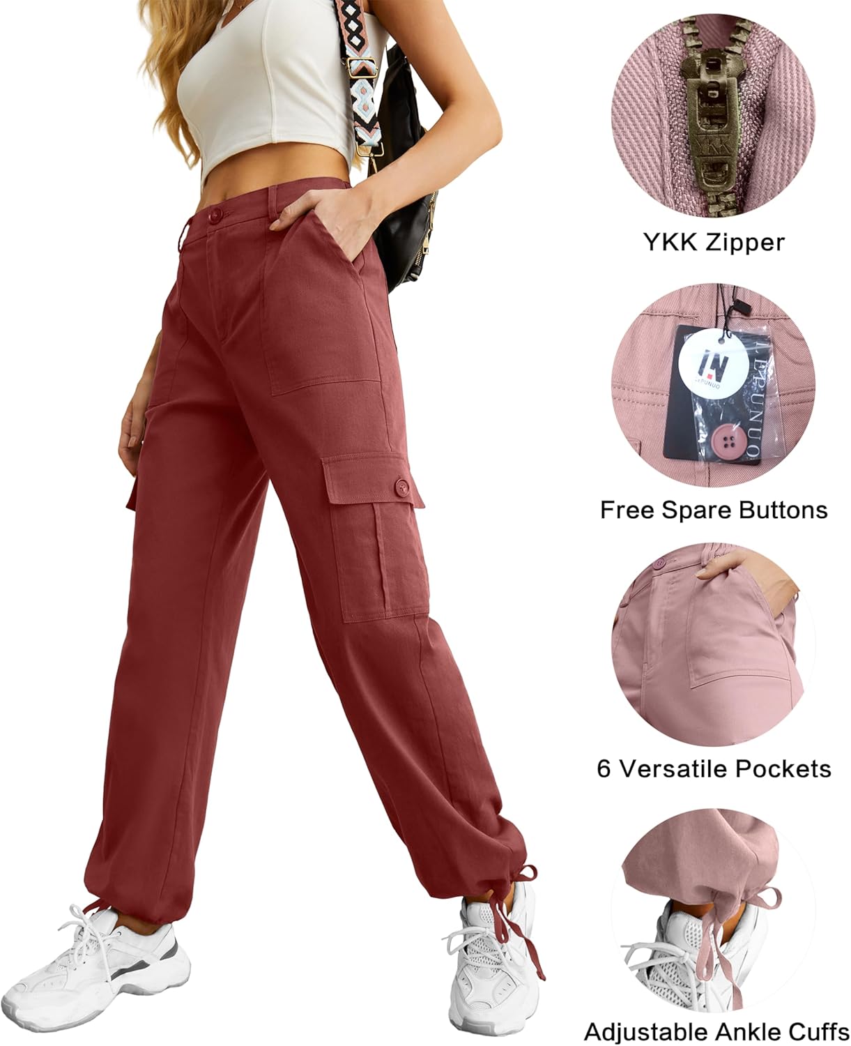 Lepunuo Women's High Waisted Cargo Pants Travel Y2K Streetwear Baggy Stretchy Pants with 6 Pockets Drawstring Ankle Cuffs