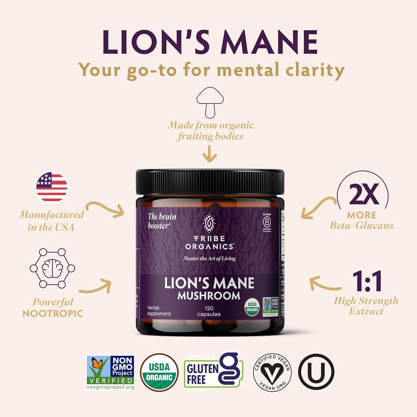 TRIBE ORGANICS Lion’s Mane Supplement 1000mg Mushroom Extract Powder - Immune System Booster & Brain Nootropic for Focus and Memory | Mental Clarity | Natural Energy and Immunity - 120 Vegan Capsules