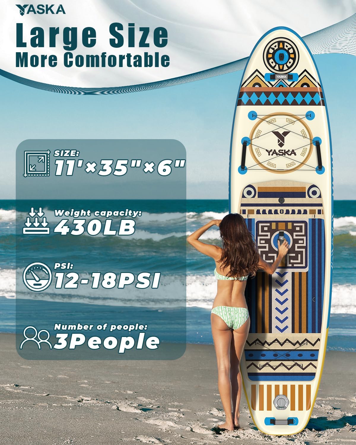 YASKA Inflatable Stand Up Paddle Board - 11ft Extra Wide Paddleboard with Premium SUP Board Accessories,Camera Mount,Non-Slip EVA Deck,5 Handles,Youth/Adult