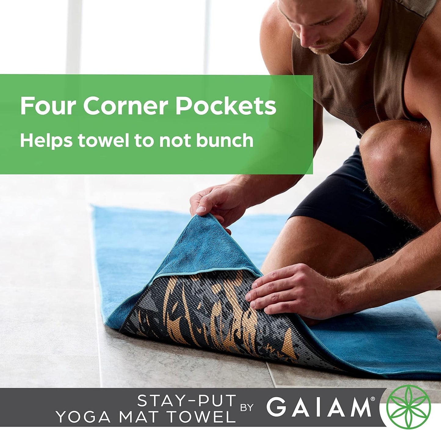 Gaiam Yoga Towel - Mat Sized Active Dry Non Slip Moisture Wicking Sweat Absorbent Microfiber Hot Yoga Towel for Women & Men | Stay-Put Corner Pockets (70" Long x 26" Wide), Grey