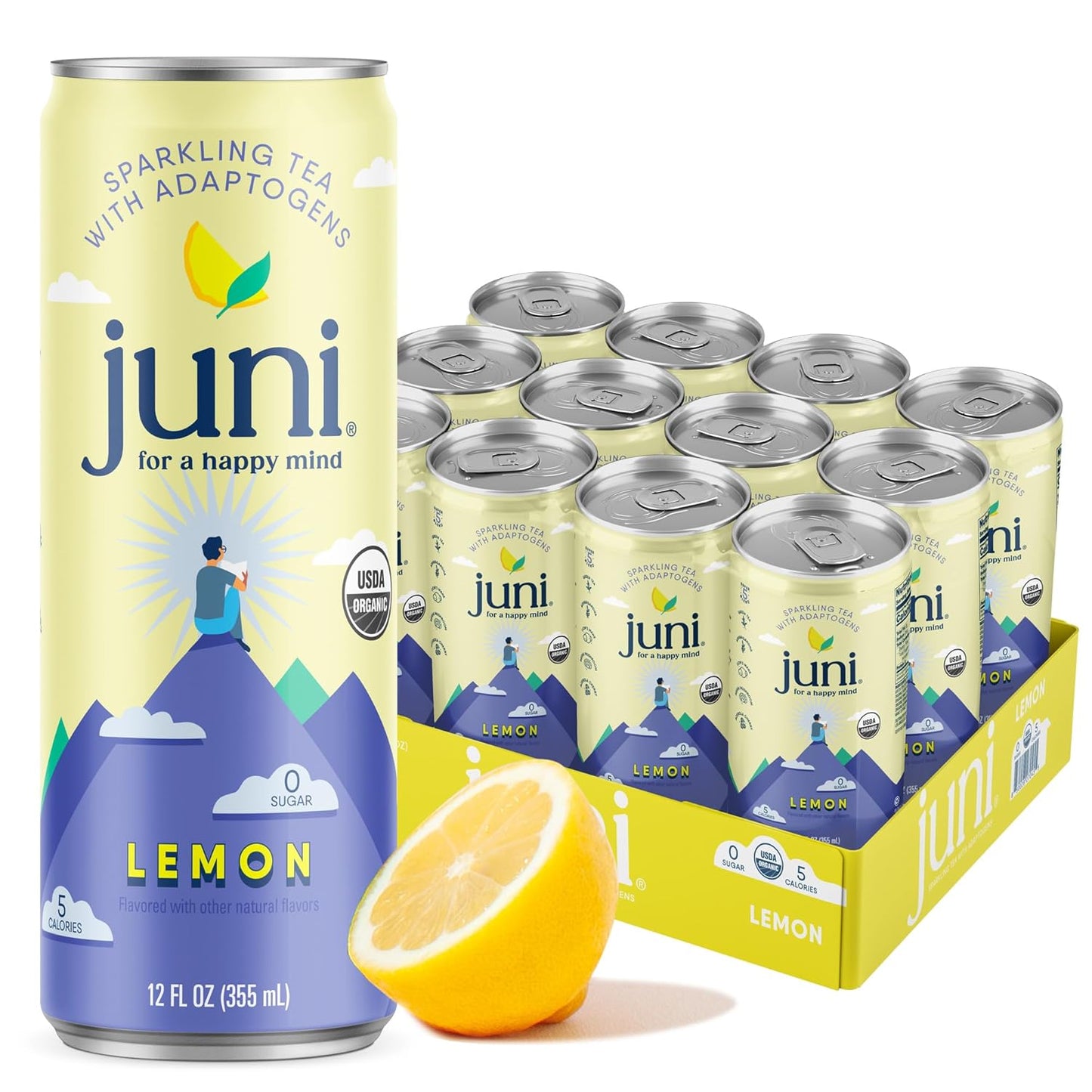 Juni Sparkling Adaptogen Drink with Ashwagandha, Lion’s Mane & Reishi Mushrooms | Green Tea for Focus, Zero Sugar, 5 Calories, Organic | Non Alcoholic Drinks - Lemon 12 pack