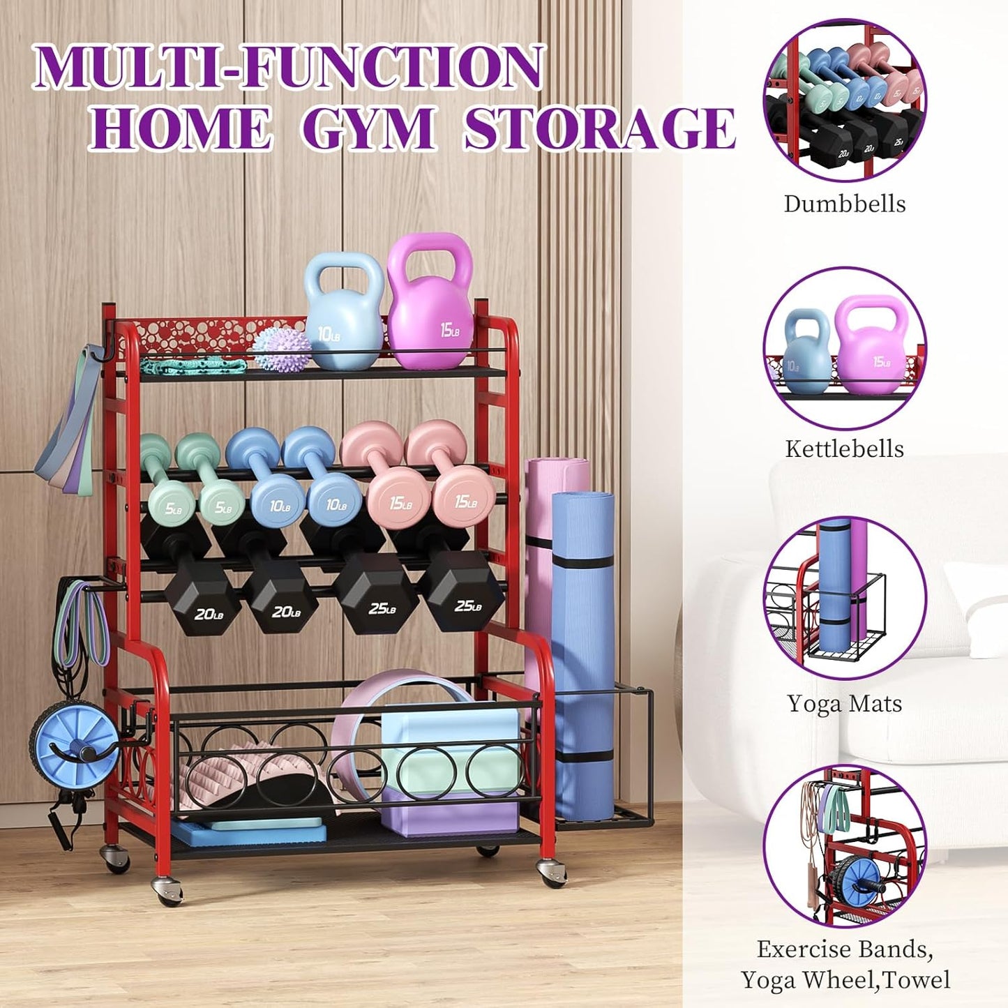 Dumbbell Rack, VOPEAK Weight Rack for Home Gym, Home Gym Storage Rack for Yoga Mat Kettlebells and Strength Training Equipment, Weight Storage Rack for Dumbbells with Wheels