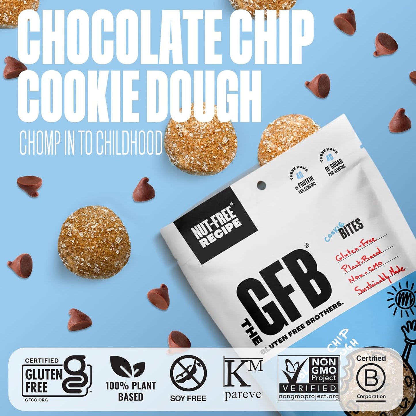 The Gluten Free Brothers Chocolate Chip Cookie Dough Nut Free Bites - Allergen Friendly, Gluten Free, Soy Free Protein Balls – Plant Based Vegan Non-GMO Snack Size Protein Energy Balls, 4 oz (6 Count)