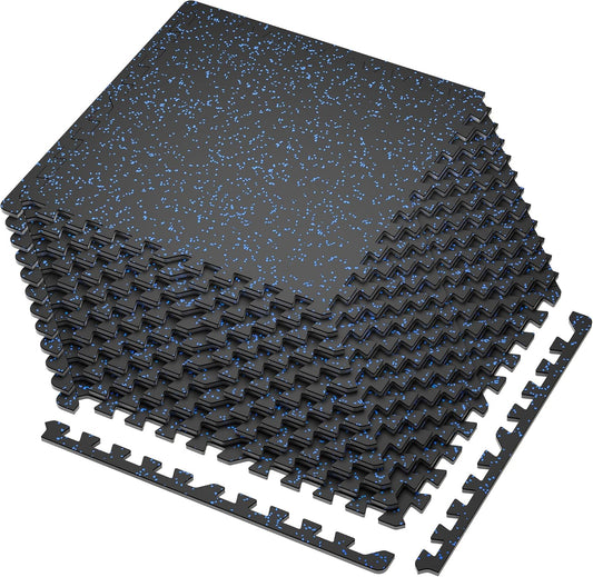 SUPERJARE 0.4'' Thick 12 Pcs 48 Sq Ft Rubber Top Exercise Equipment Mats, High Density EVA Foam Mats with Rubber Top, Interlocking Gym Flooring for Home Gym, Protective Workout Mat, Black/Blue