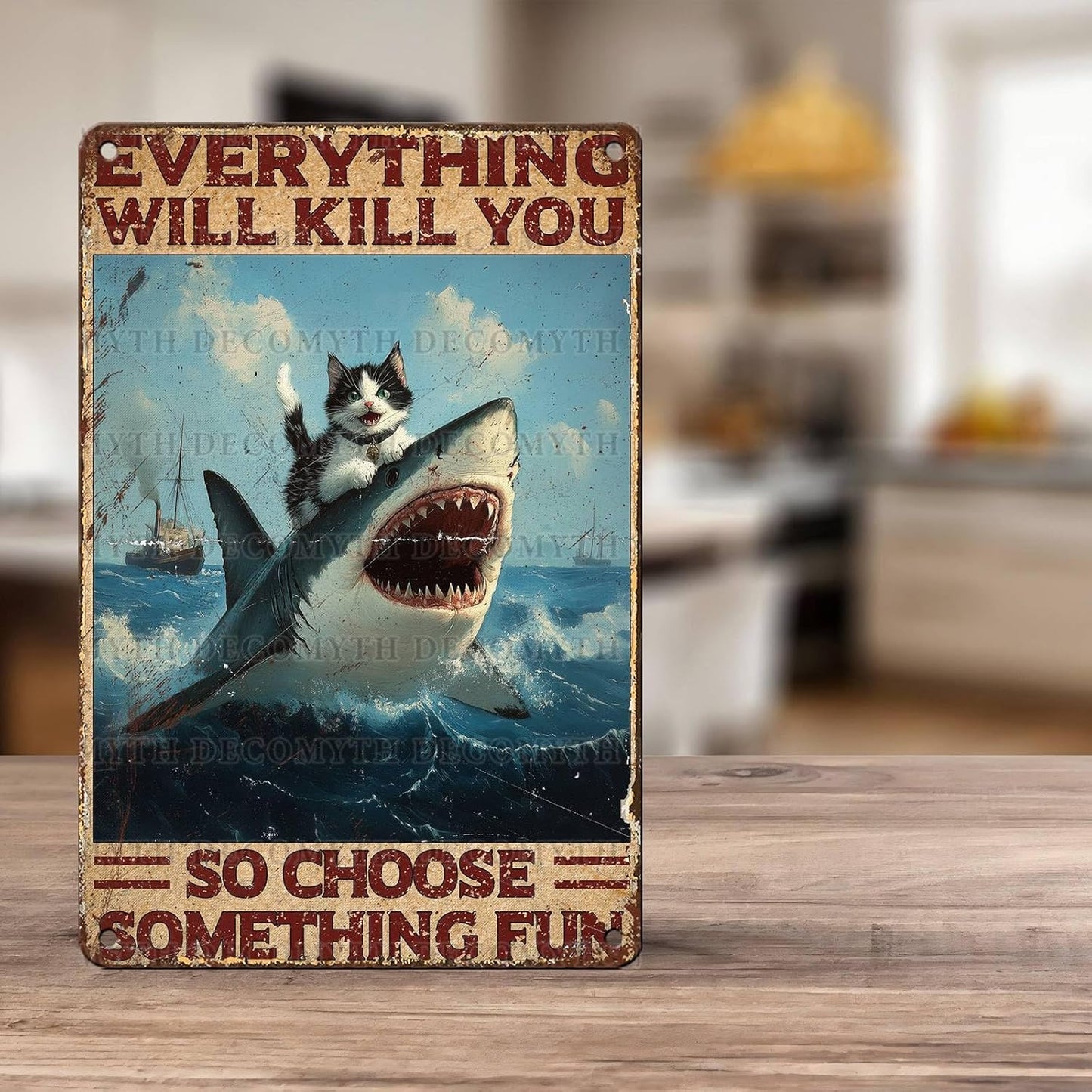 Vintage Cat Tin Sign Everything Will Kill You So Choose Something Fun Retro Shark Metal Poster Funny Cat Lovers Wall Art Decorations for Home Shop Bar Hotel Indoor Outdoor 12 * 8inch