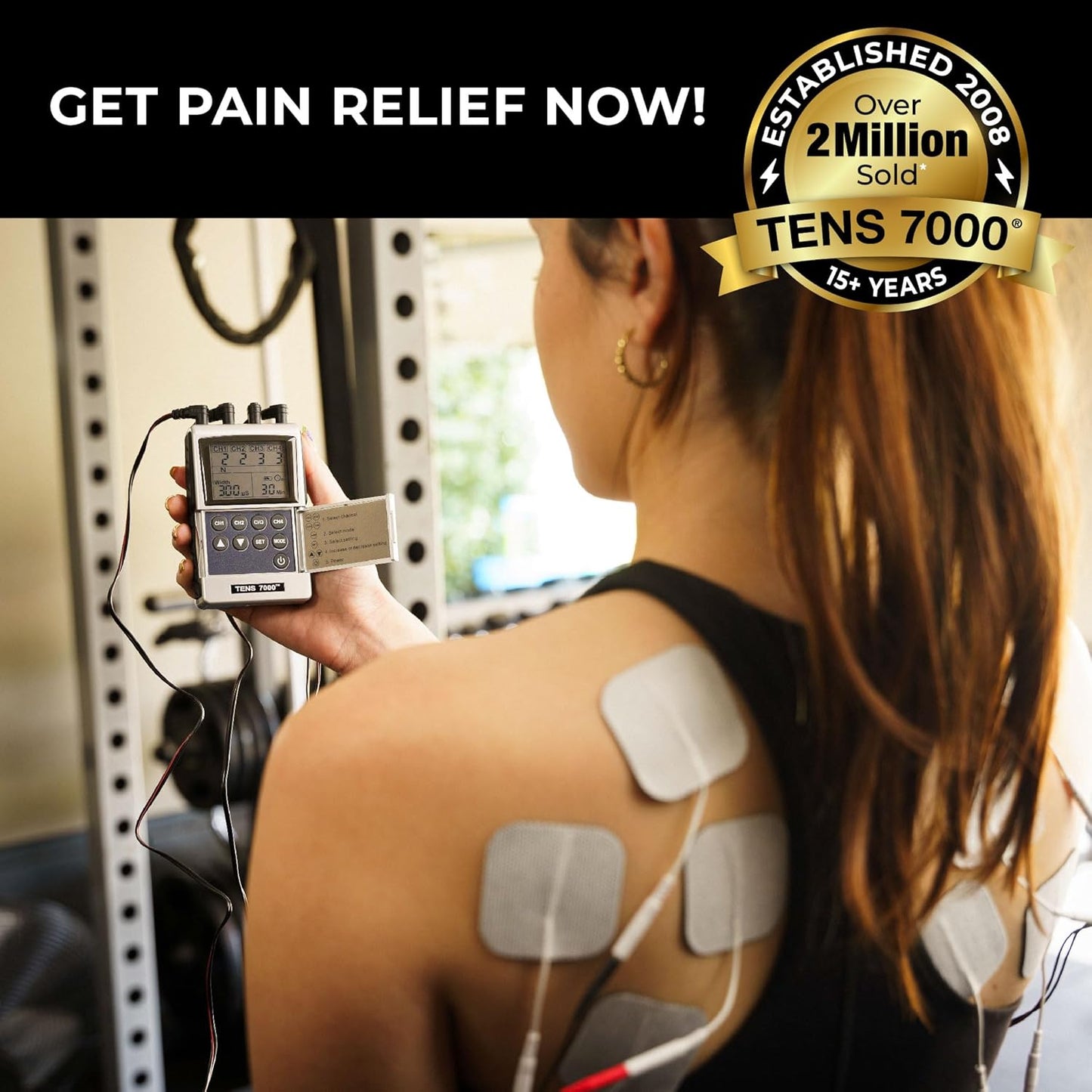 TENS 7000 Pro Rechargeable Tens Unit Muscle Stimulator, 4 Channels, Back Pain Relief, 8 Electrodes/Unit Pads, EMS and TENS Machine, Muscle Recovery & Growth, Stim Machine, Electrotherapy