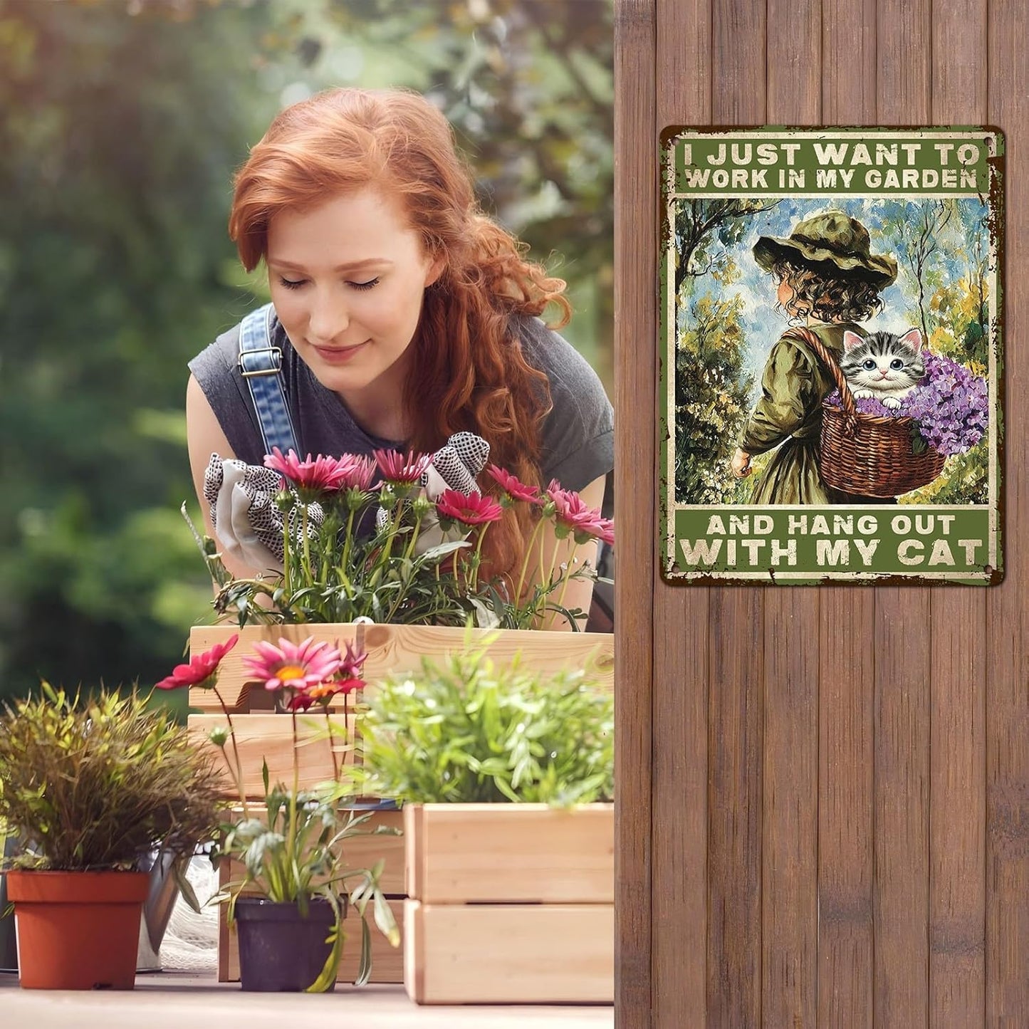 Garden Sign I Just Want To Work In My Garden and Hang Out With My Cat Vintage Metal Tin Sign Retro for Home Patio Backyard 12 * 16inch