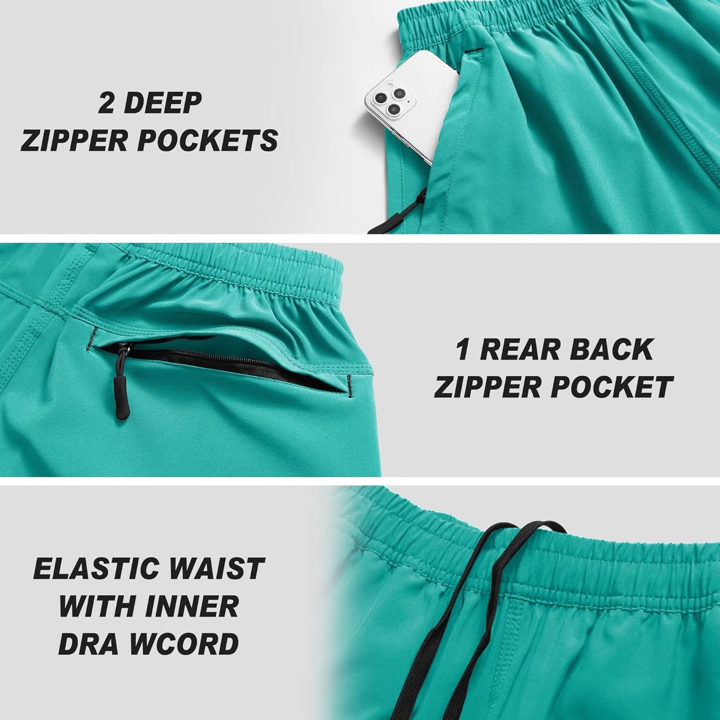 Men's Gym Shorts Sports Quick Dry Workout Running or Casual Training Short with Zipper Pockets