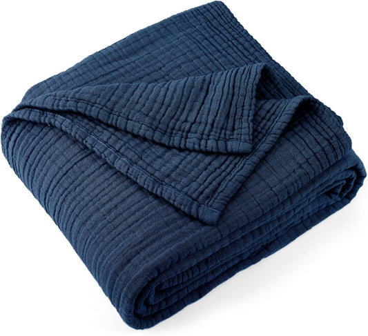Carriediosa 100% Cotton Muslin Throw Blanket 70" X 80" Twin Size，4-Layers Summer Gauze Throws for Bed Couch，Soft Lightweight Breathable Linen Blankets Bedspread for Adults All Season，Navy Blue