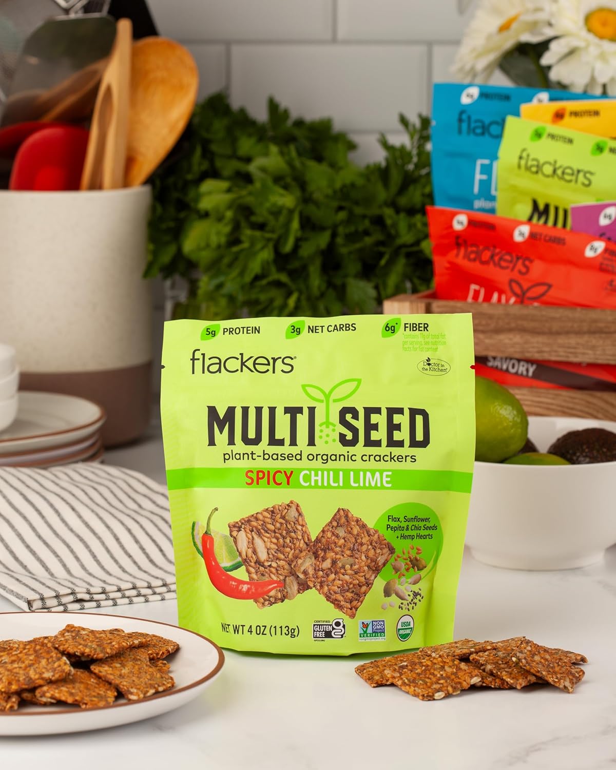Flackers Organic Spicy Chili Lime Multi-Seed Crackers, 4 Ounce 1-Pack, Gluten Free, Non GMO, Vegan, Keto Snack, 8g Fiber, 3g Net Carbs