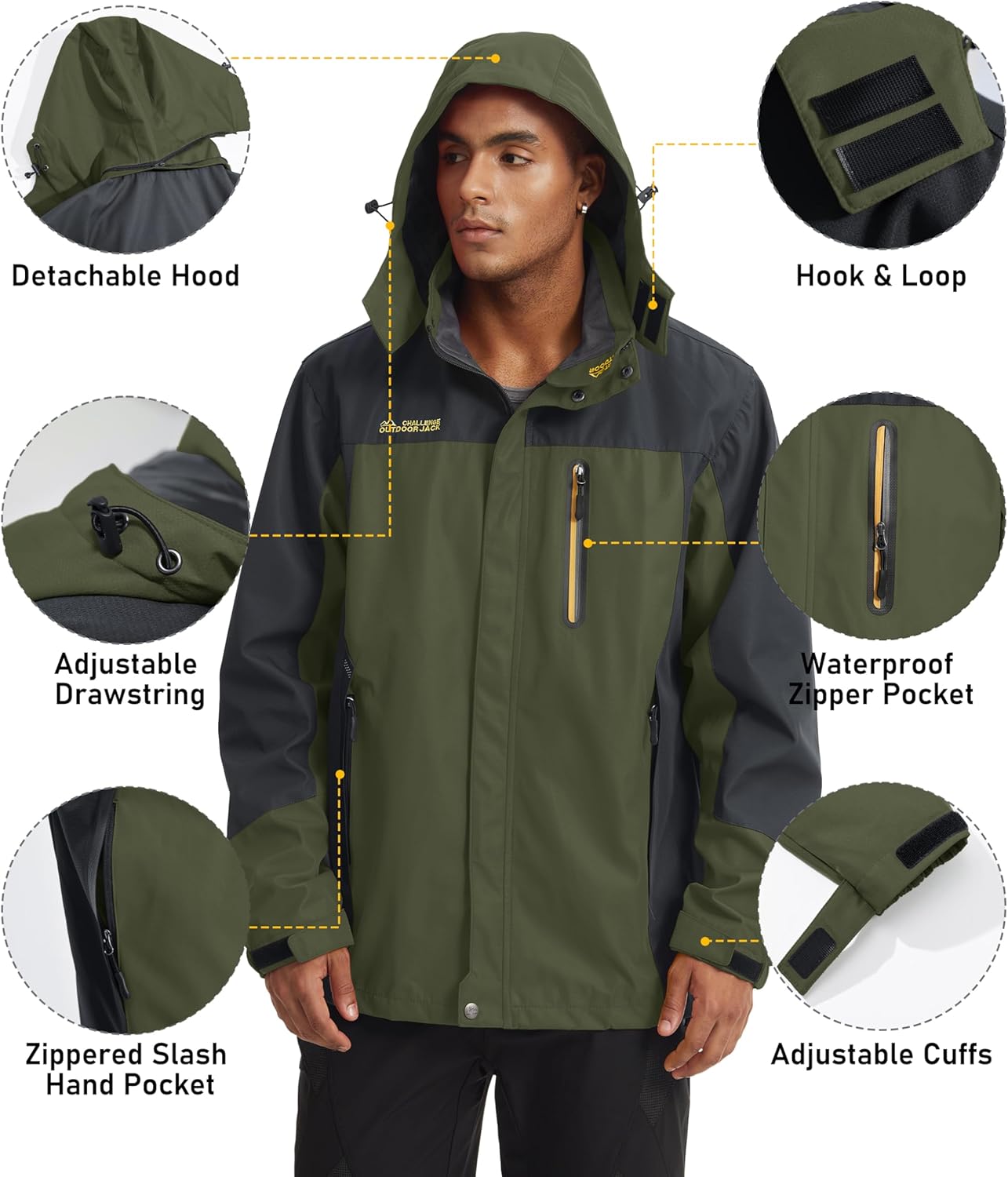 MAGCOMSEN Men's Hooded Windproof Water Resistant Rain Jacket Windbreaker 5 Pockets for Hiking,Fishing,Travel