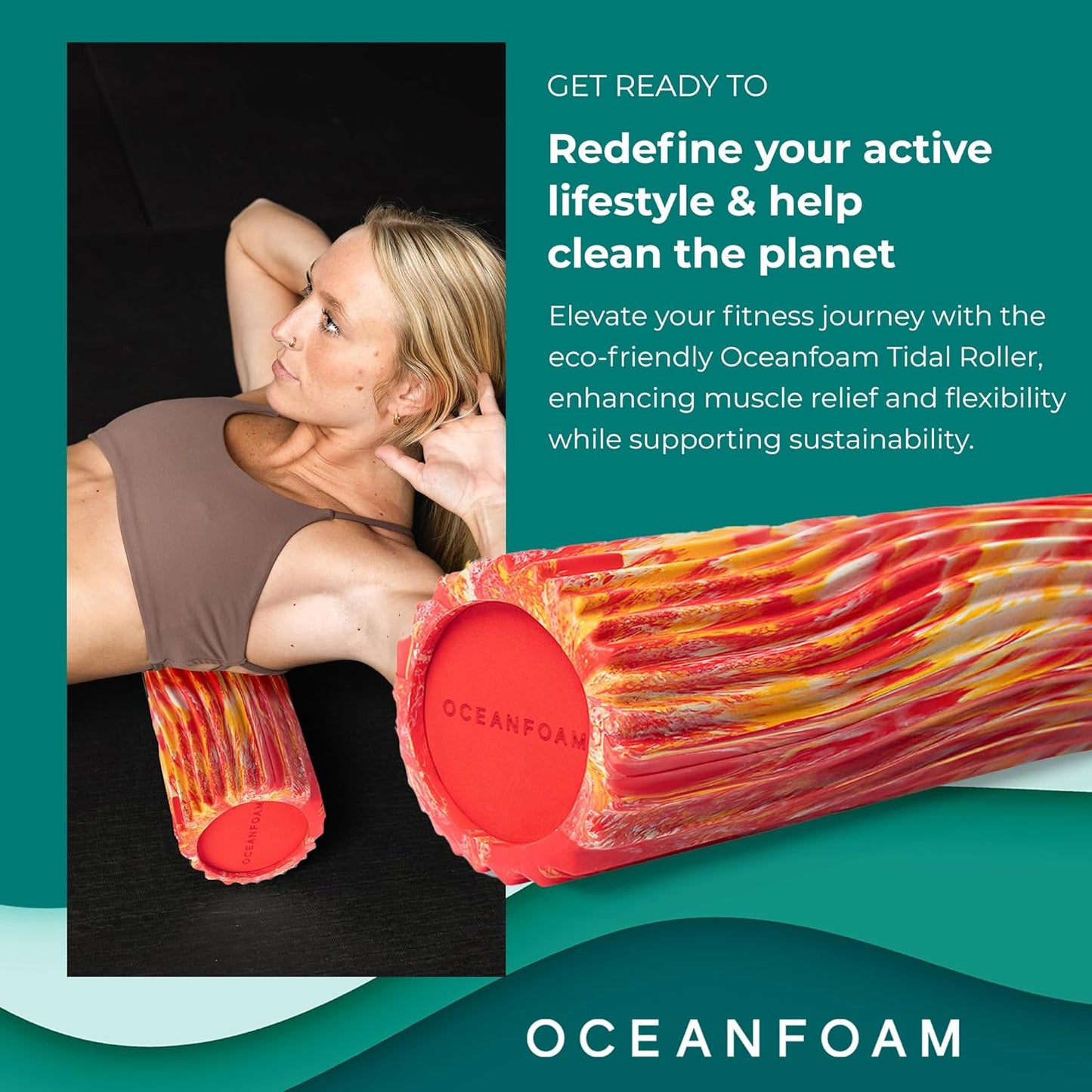 Oceanfoam Tidal Roller - Red, Gold & Natural Marbled - Muscle Massage Foam Roller for Back Pain & Stretching - Firm and Ergonomic Wide Wave Textured - Yoga, Athletics, & Wellness - Full Size, 20" x 5"