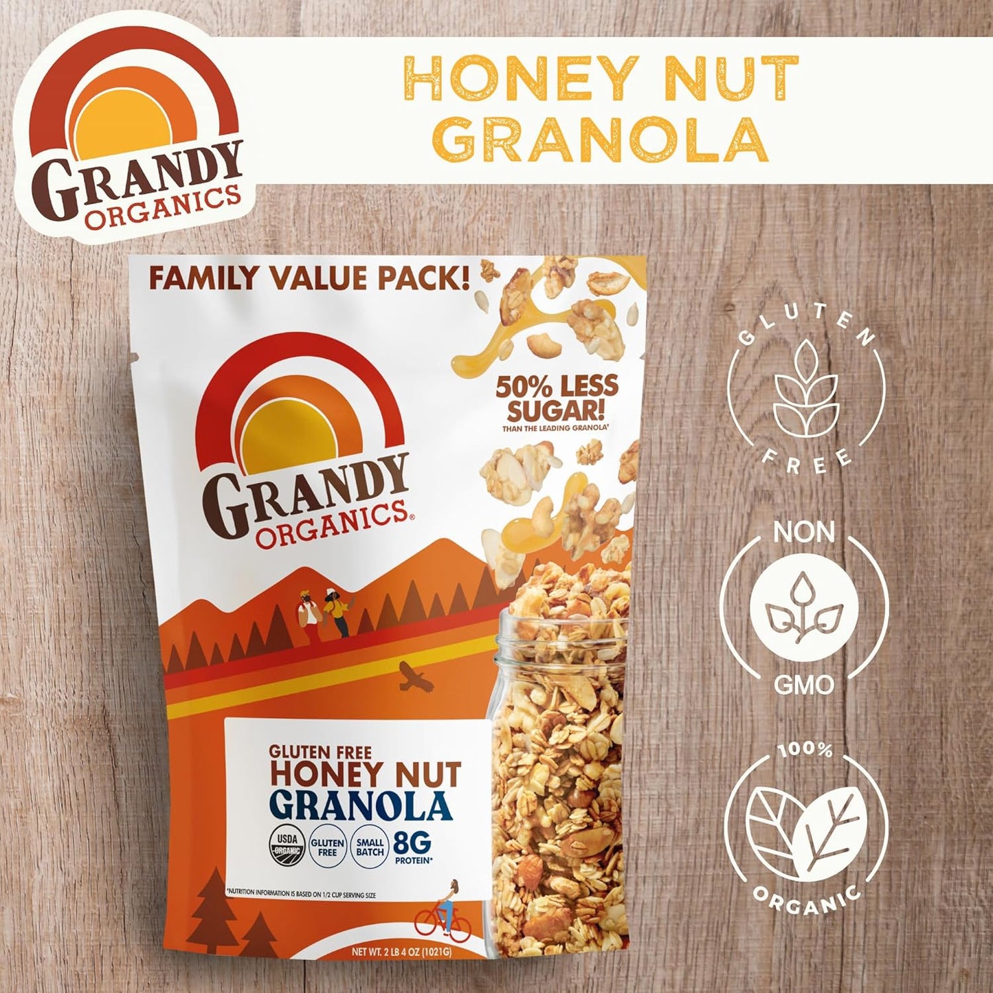 Grandy Organics Honey Nut Gluten Free Granola - Certified Organic, Non-GMO, Lower Sugar, Family Value Size 2 Pound Bags, Bulk Pack of 2