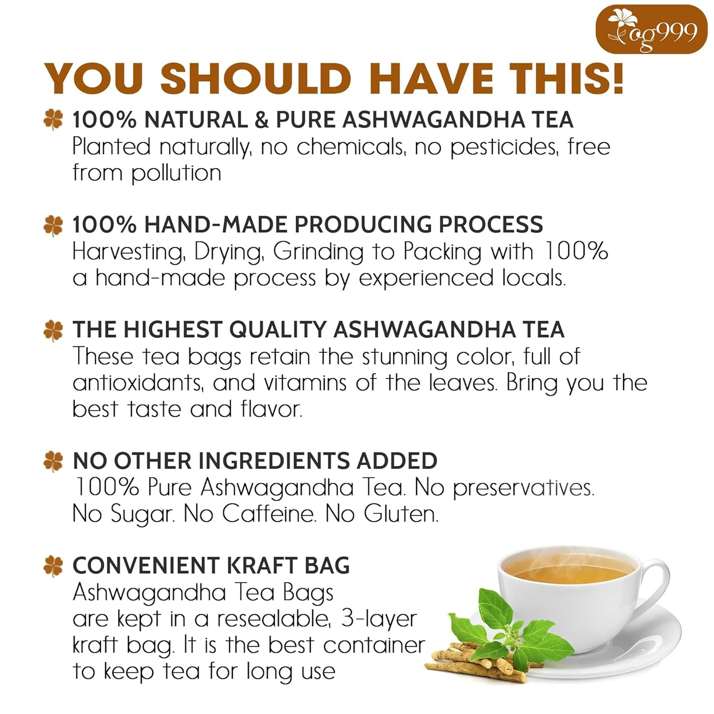 TOG999, Premium 120 Ashwagandha Root Tea Bags, 100% Natural & Pure from Ashwagandha Root. No Sugar, No Caffeine, No Gluten, Vegan.