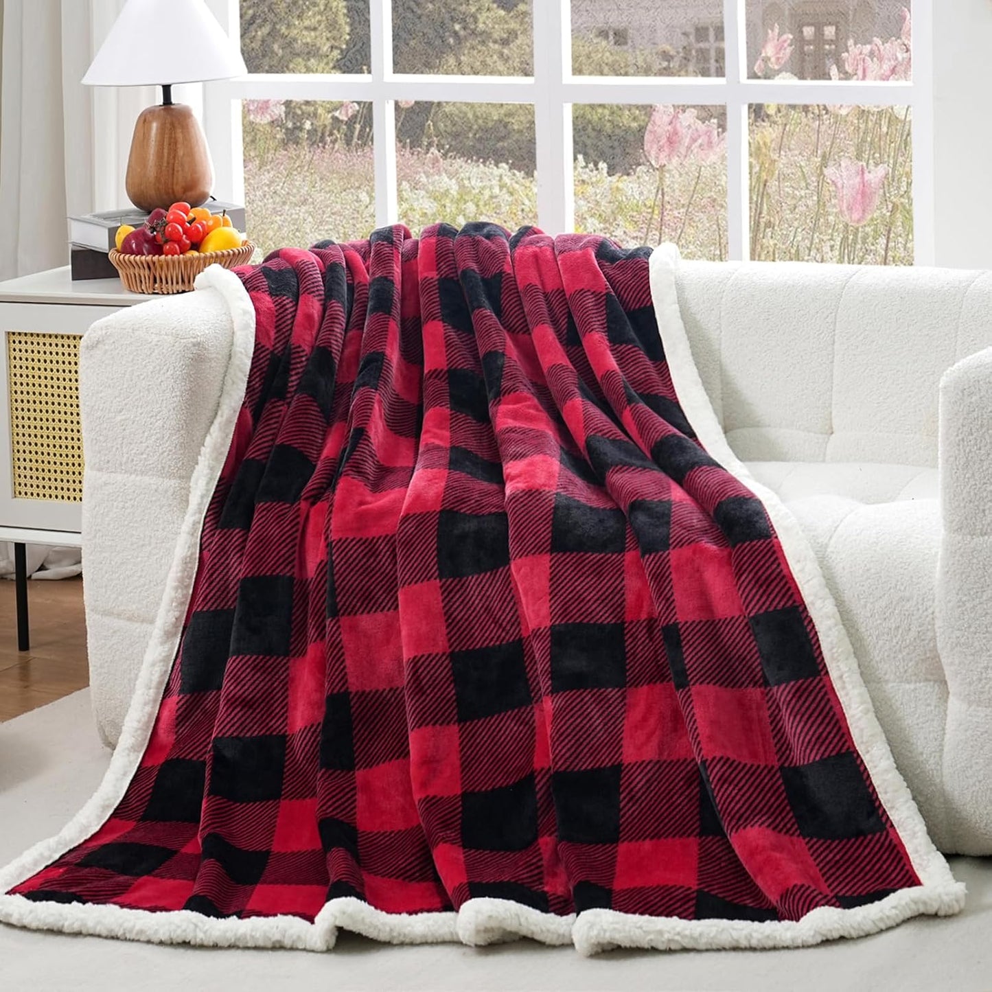 PU MEI Sherpa Fleece Throw Blanket 80" x 90" Reversible Plush Fluffy Large Big Blanket Lattice Flannel Blankets for All Season Use, Red and Black