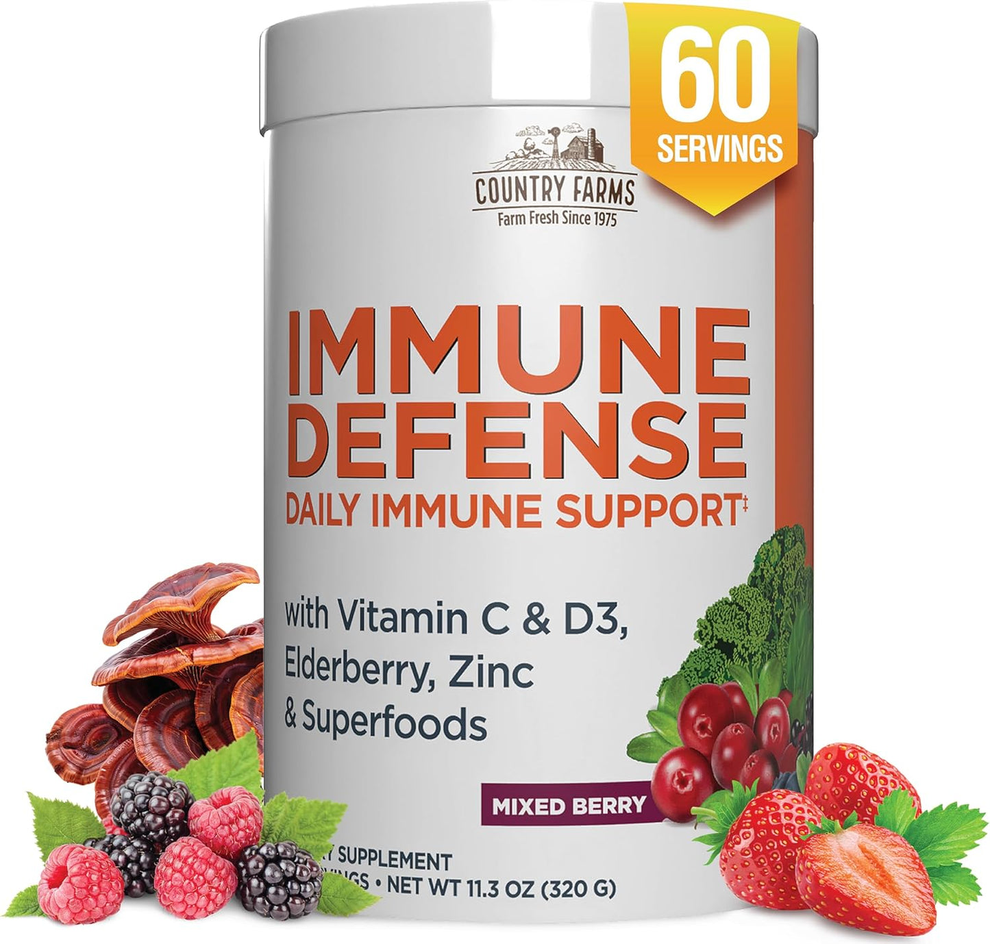 COUNTRY FARMS Immune Defense Superfoods, Immune Support Supplement, Vitamin C with Black Elderberry, Echinacea, Turmeric, Supports Hydration, with Probiotics and Prebiotics, Berry Flavor, 60 Servings