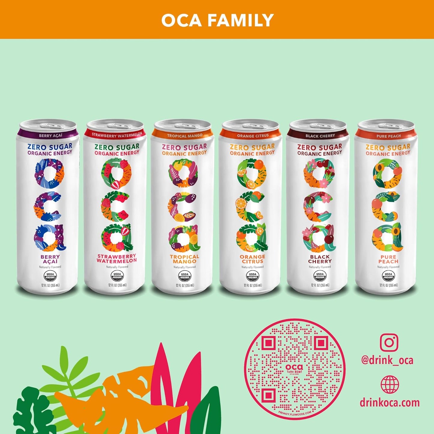 OCA ZERO Strawberry Watermelon, Organic energy drink, zero sugar, gluten-free, vegan plant-based, 12 Fl Oz (12-pack)