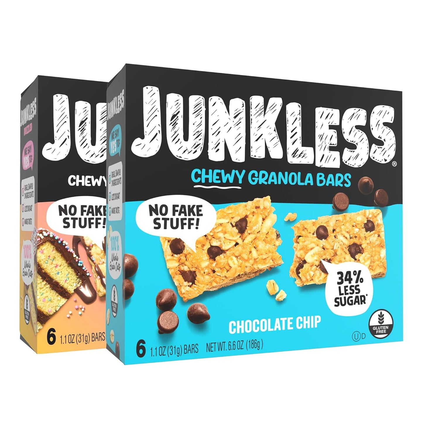 JUNKLESS Chewy Granola Bars Twin Pack – Chocolate Chip & Drizzled Birthday Cake (12 Bars)–Less Sugar, Non-GMO, Gluten-Free, Wholesome Snack Bars for Kids & Adults, 2 Boxes