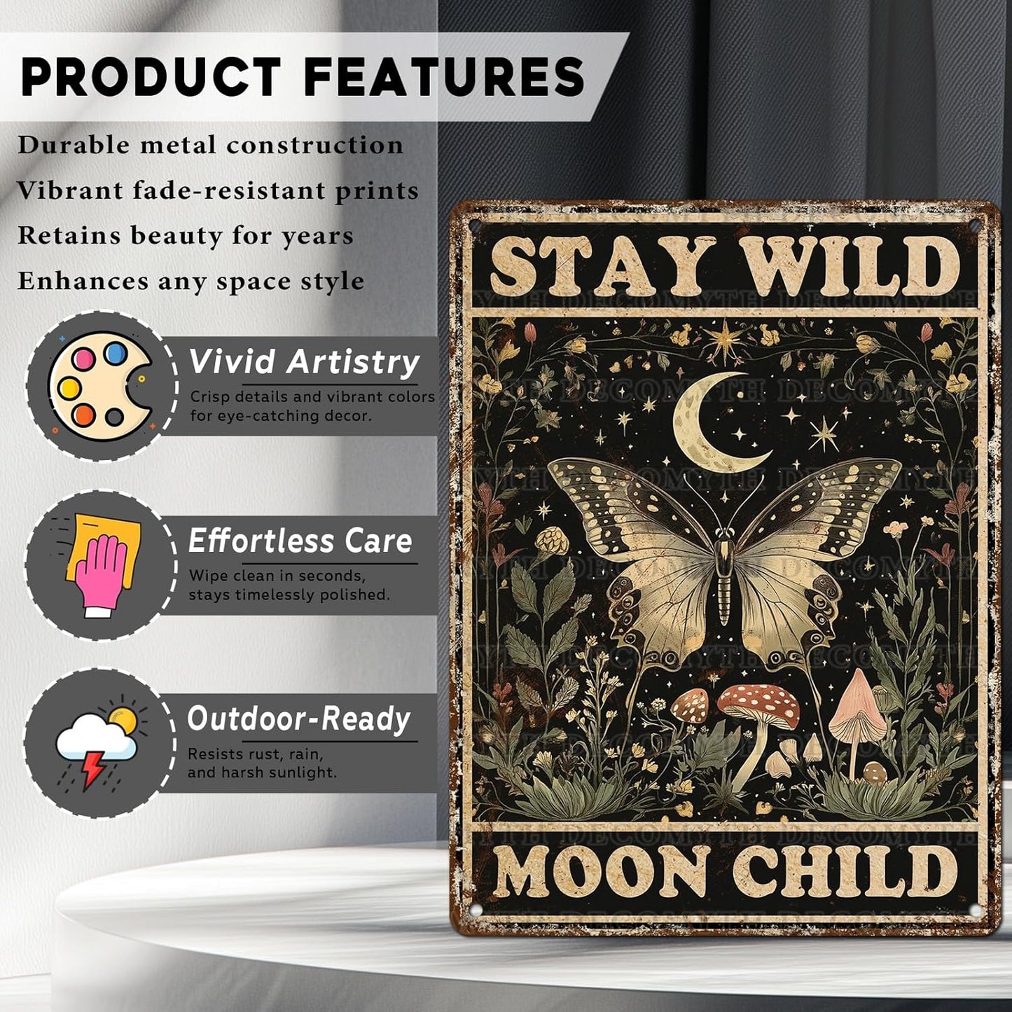 Vintage Tin Sign Butterfly Stay Wild Moon Tin Sign Retro Wall Decor for Home Office Room Wall Decor Poster 12 * 16inch