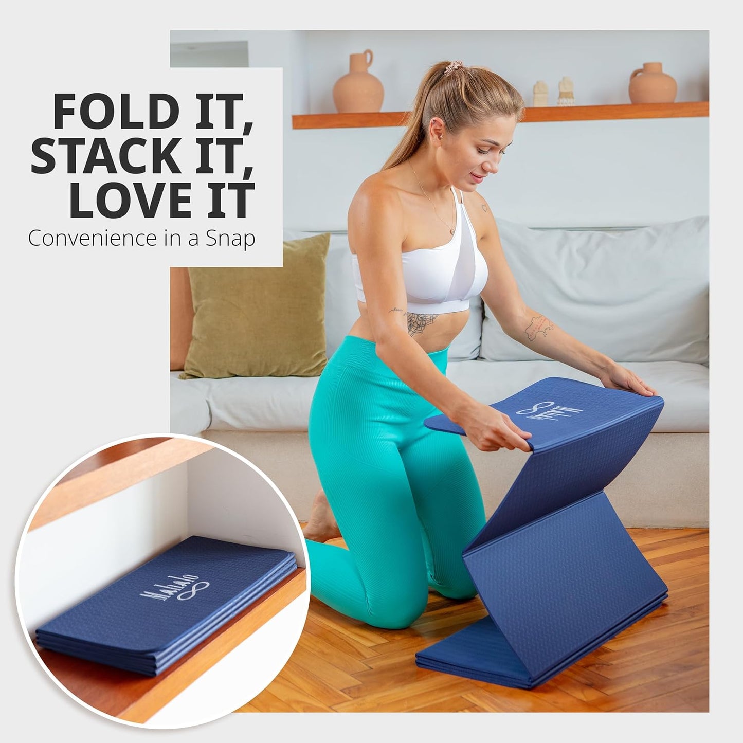 Foldable Yoga Mat + Carry Bag, 6mm 7-fold Workout Mat, Easy to Store, Anti-Slip Folding Exercise Mat for Yoga, Pilates, Home Workouts, and Floor Exercises
