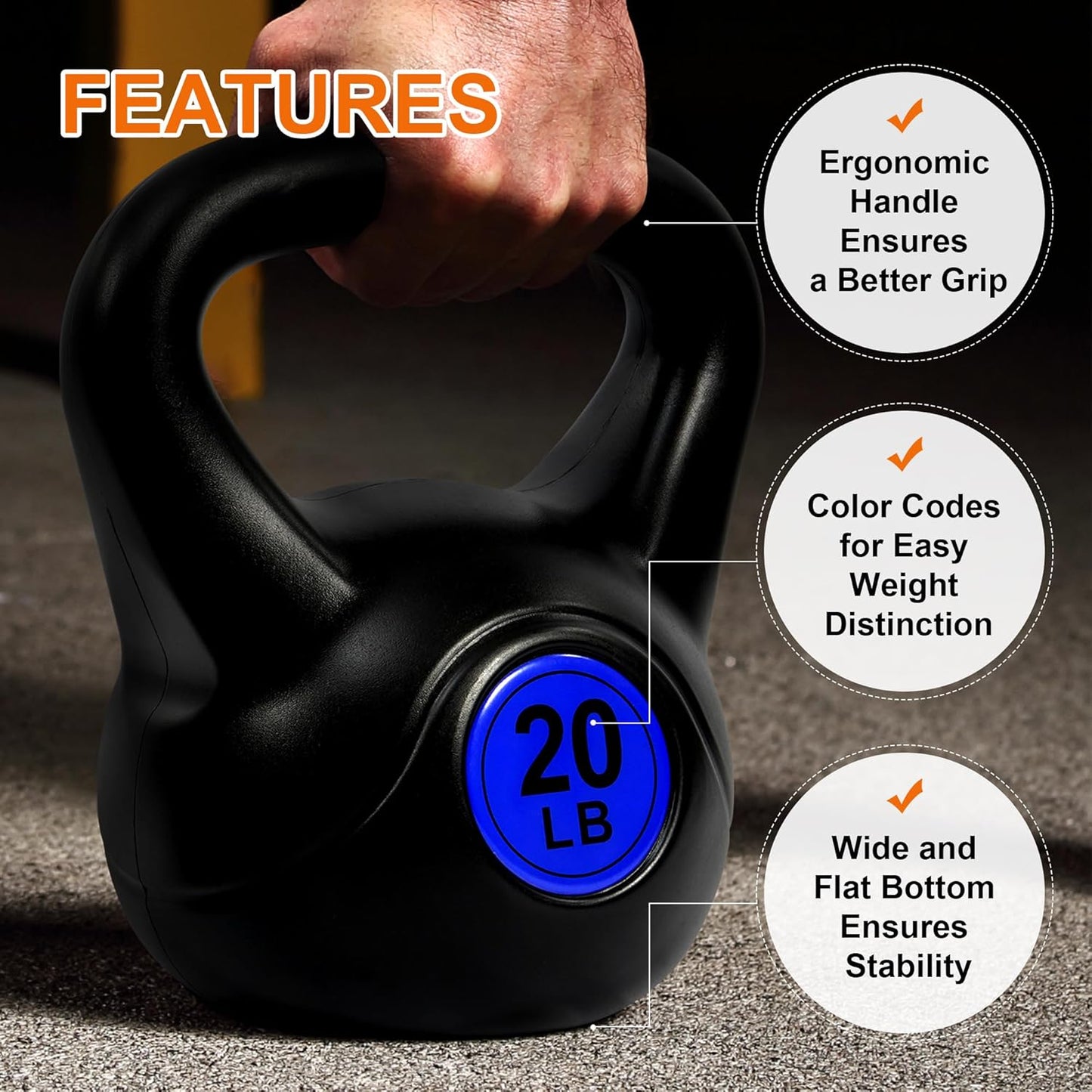 Wide Grip 3-Piece or 4-Piece Kettlebell Exercise Fitness Weight Set, Include 5 lbs, 10 lbs, 15 lbs and 20 lbs, Set of 3 or Set of 4