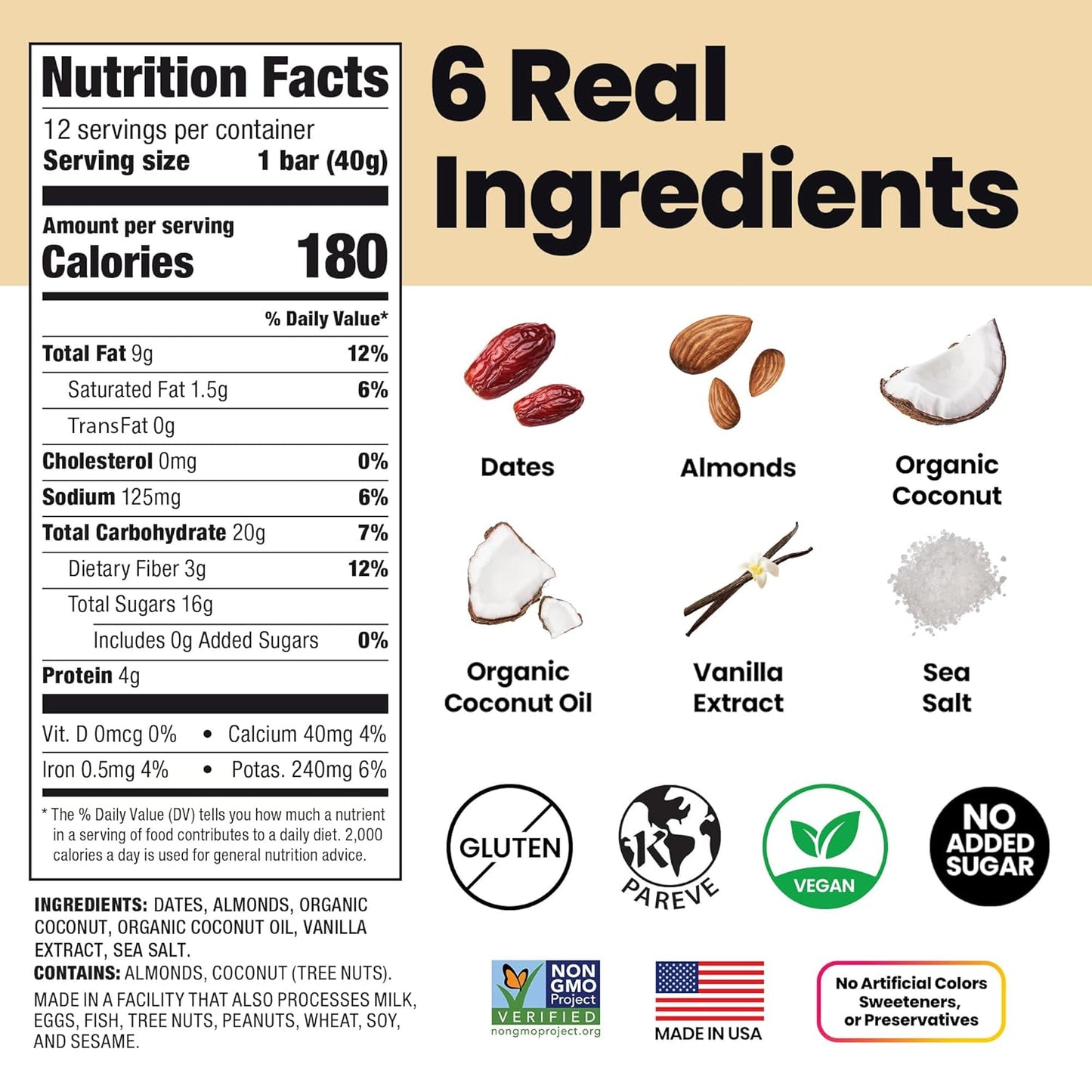 Bahamii Almond Nut & Date Bars - Coconut Vanilla, 12 Pack, Only 6 Ingredients, Soft & Delicious Snack Bar with Almonds, Dates, Organic Coconut, Vanilla, Sea Salt, Diabetic Snacks, Gluten Free, Vegan