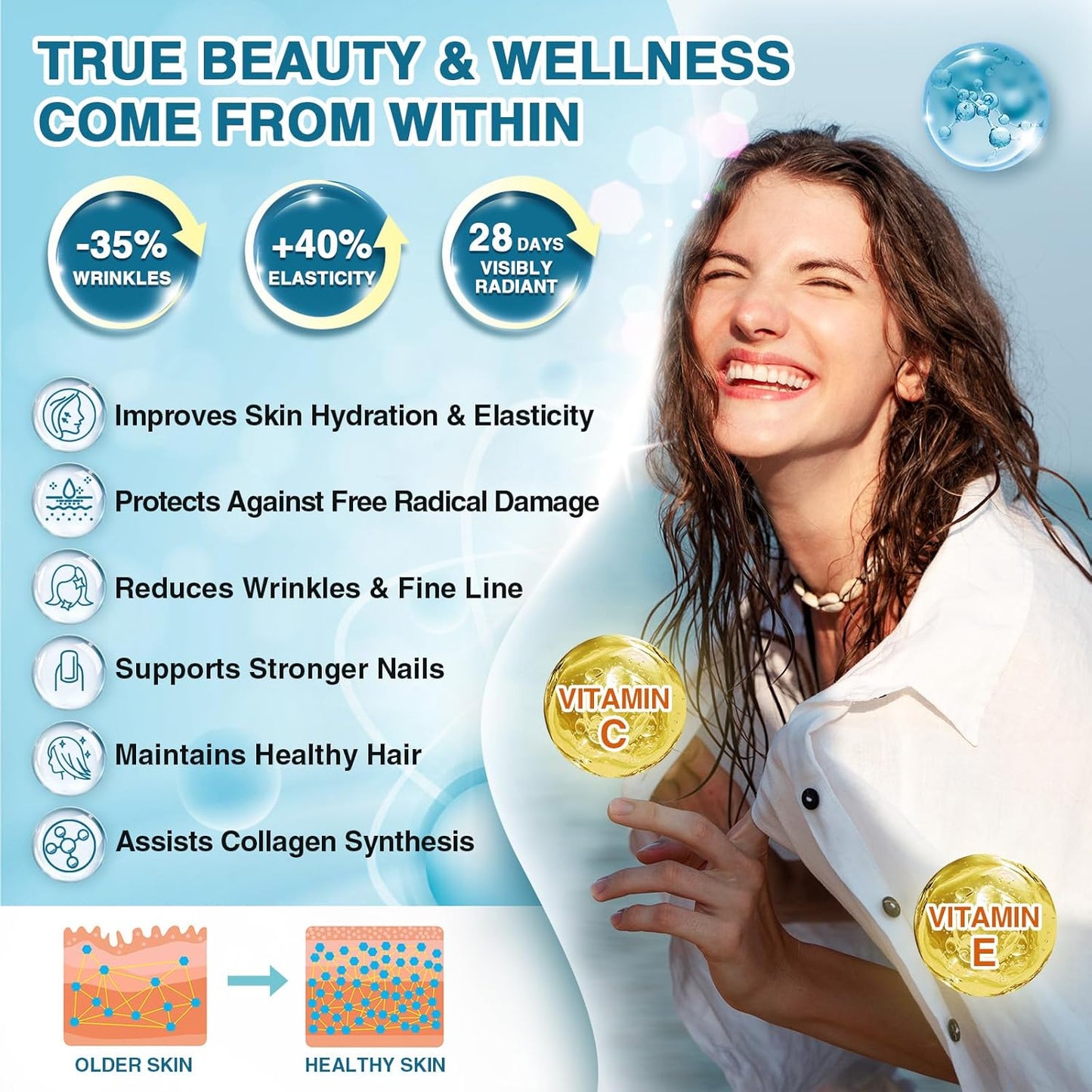 NATURE TARGET Marine Collagen Peptides Powder - Type I & III Collagen with Probiotics, Vitamin C & Hyaluronic Acid for Skin, Hair, Nails, Wild-Caught Fish & Grass-Fed Bovine, 35 Servings