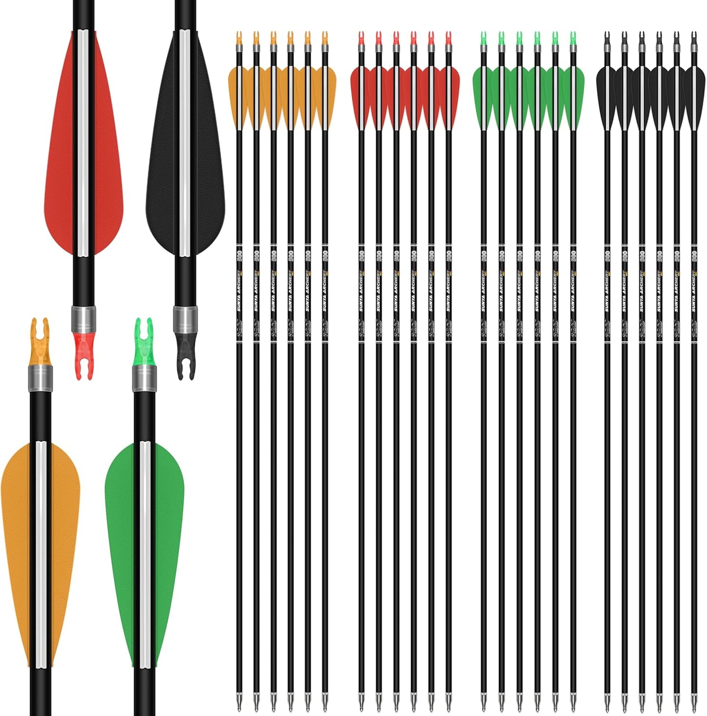 SUNYA Archery 24PCS Compound Bow Arrows for Practice. 30" Carbon Shaft, Spine 500 with Removable Tips. 4 Colors Vane Fit for Indoor and Outdoor Archery.