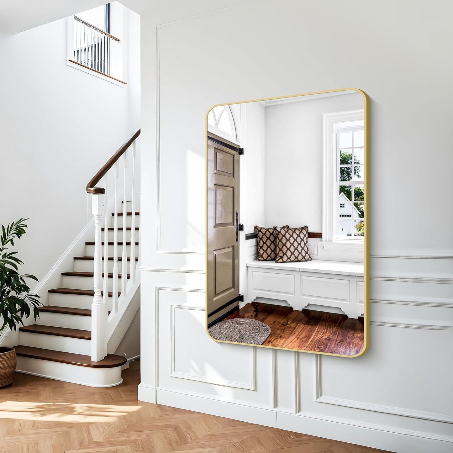 Gold Bathroom Mirror,55x36 inch Wall Mirror for Bathroom Wall Mounted,Round Rectangle Mirror for Bathroom Over Sink,Modern Frame for Home Decor Living Room,Bedroom Entryway,Horizontal/Vertical