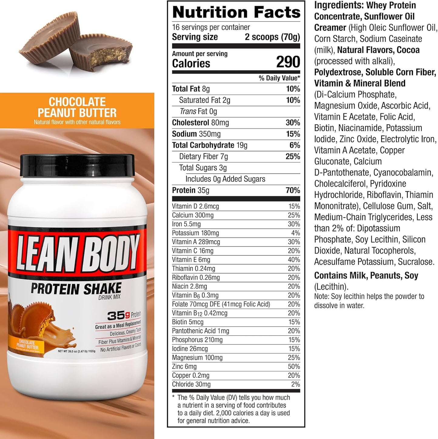 LABRADA Nutrition – Lean Body High Protein Meal Replacement Shake, Whey Protein Powder for Weight Loss and Muscle Growth, Chocolate Peanut Butter, 2.47LB Tub Packaging May Vary