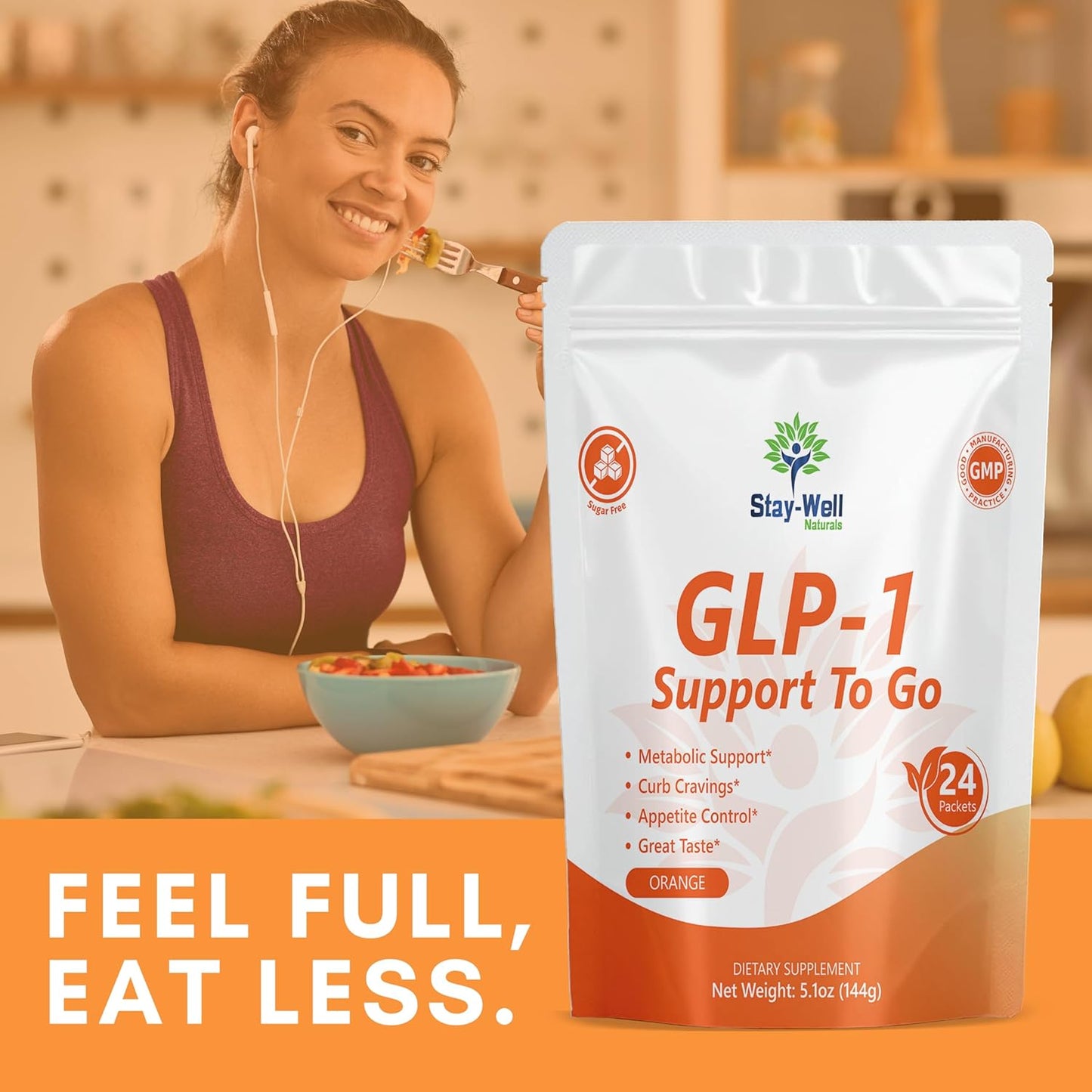 GLP-1 Supplement | Natural GLP-1 Production | GLP 1 Booster Drink Mix to Control Appetite and Cravings | Great Tasting Metabolic Support - Yerba Mate, Garcinia Cambogia, Berberine [Orange]