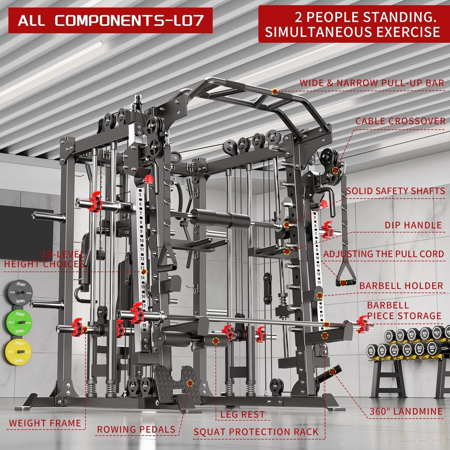 Smith Machine Power Rack Multifunctional Power Cage Deep Squat Rack Cable Crossover System Selectable More Training Attachment for Garage & Home Gym