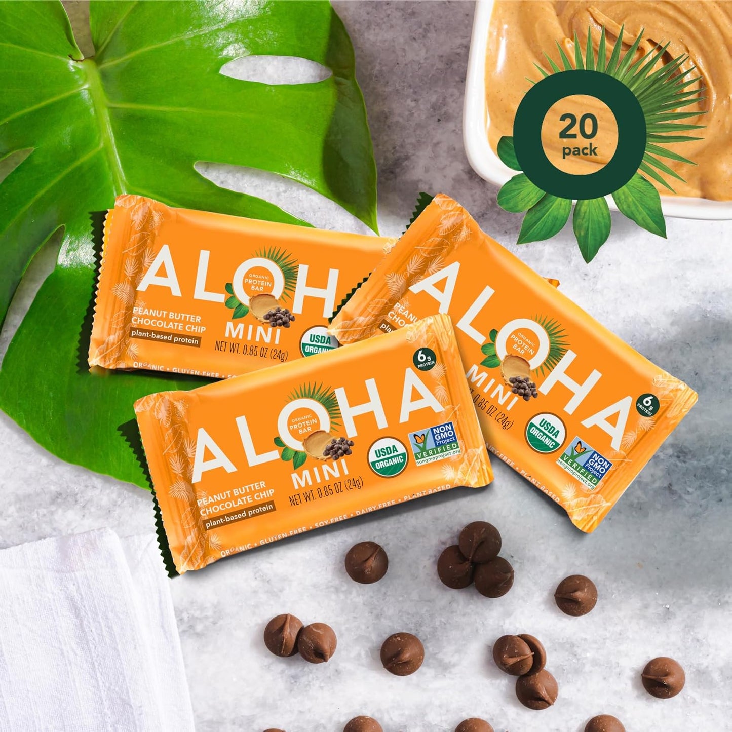ALOHA Organic Plant Based Protein Bar MINIS |Peanut Butter Chocolate Chip | 20 Count, 24g Bars | Vegan, Low Sugar, Gluten Free, Low Carb, Non-GMO, Stevia Free, Soy Free, No Sugar Alcohols