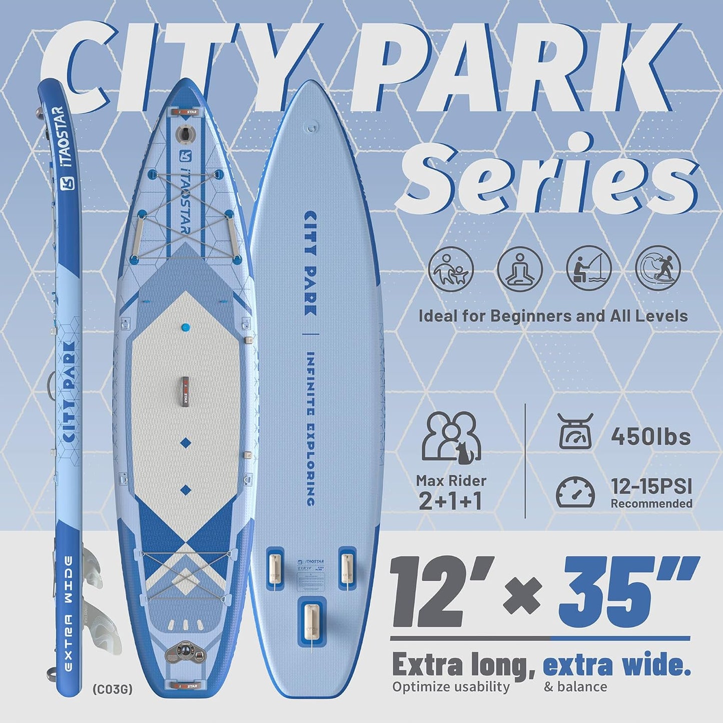 City Park 12'×35" Extra Wide Paddle Board with Seat, One-Stop Premium SUP Board Gears, Tailored 5 Fins, Stable Inflatable Stand Up Paddle Boards for Youth/Adults of All Levels