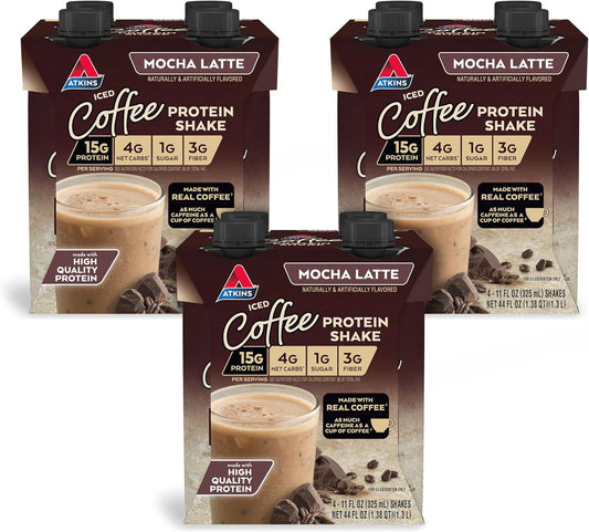 Atkins Mocha Latte Iced Coffee Flavored Protein Shake, High Protein, Low Glycemic, Low Carb and Low Sugar Shakes, Keto-Friendly, 12 Pack