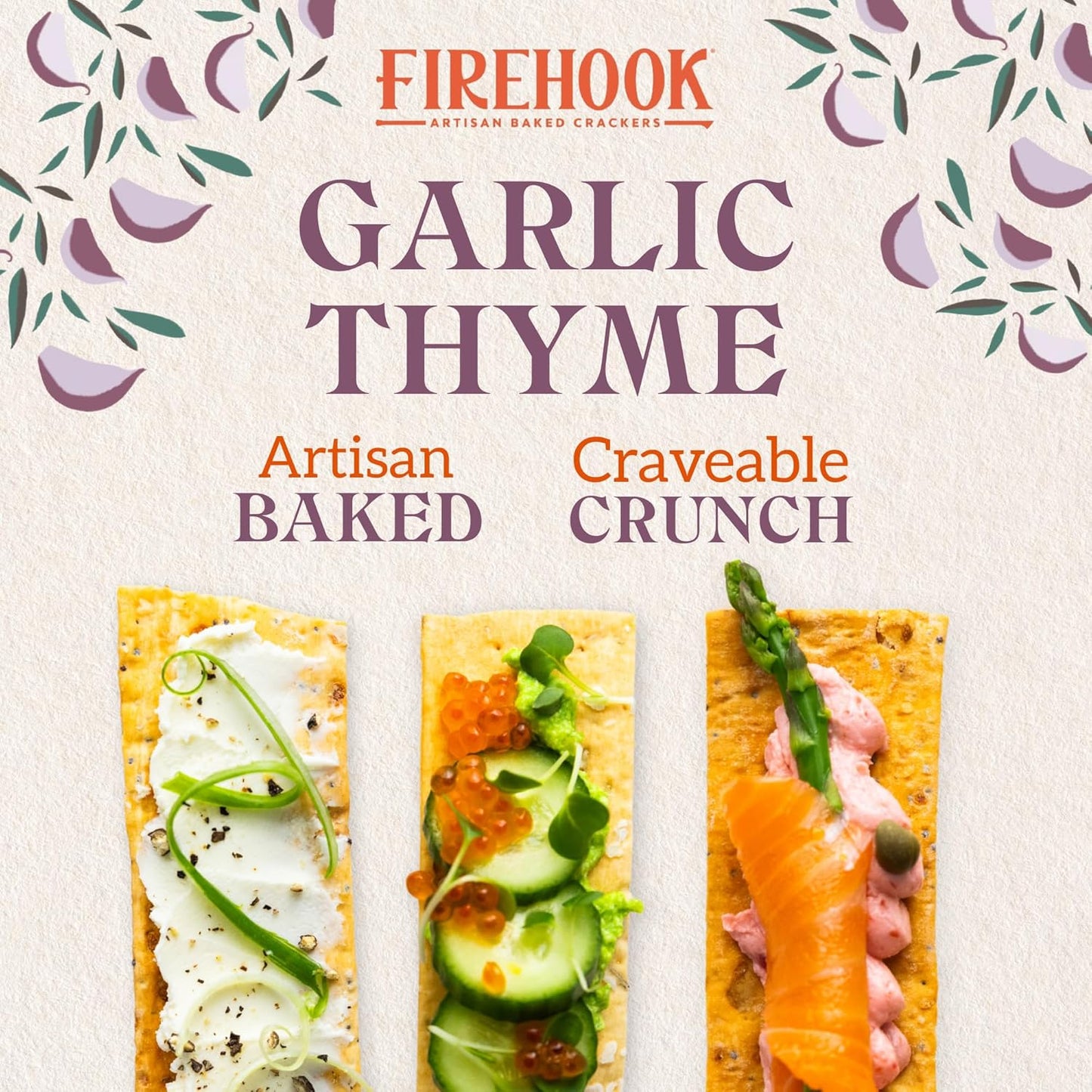 Firehook Garlic Thyme Crackers – Artisan Baked, Craveably Crunchy, Baked with Mediterranean Garlic & Thyme – Organic, Non-GMO, Kosher– 8 oz Box
