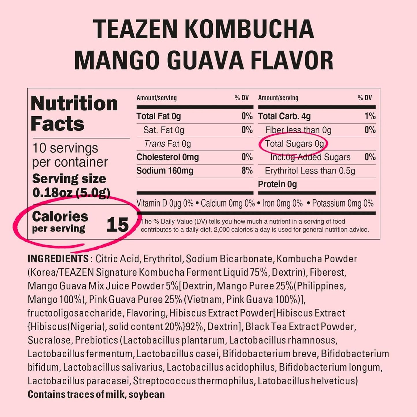 TEAZEN Mango Guava Kombucha Tea, Hydration Drink Mix, Sugar Free, Live Probiotics & Prebiotics, 10 Sticks, 1.76oz