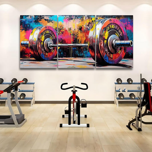 sawjug Gym Barbell Wall Decor, Colorful Graffiti Canvas Wall Art, Gym Motivational Wall Art, Colorful Pictures Wall Decor, Wall Painting for Living Room, Bedroom (12" x 18" x 3 pcs)