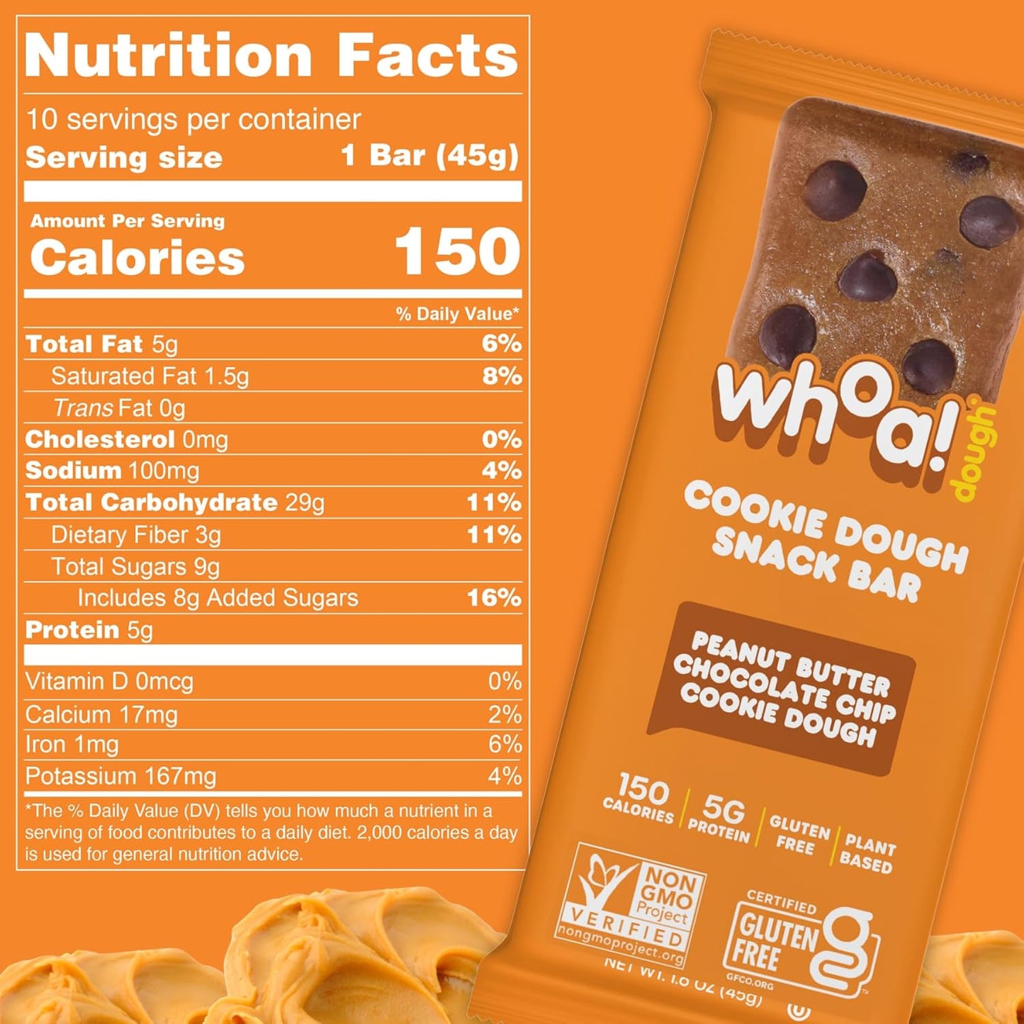 Whoa Dough Edible Cookie Dough Bars- Certified Non-GMO, Kosher and Gluten Free Bars - Healthy Snack Foods - Plant Based Snacks - Peanut Butter Chocolate Chip Cookie Dough - 10 Pack