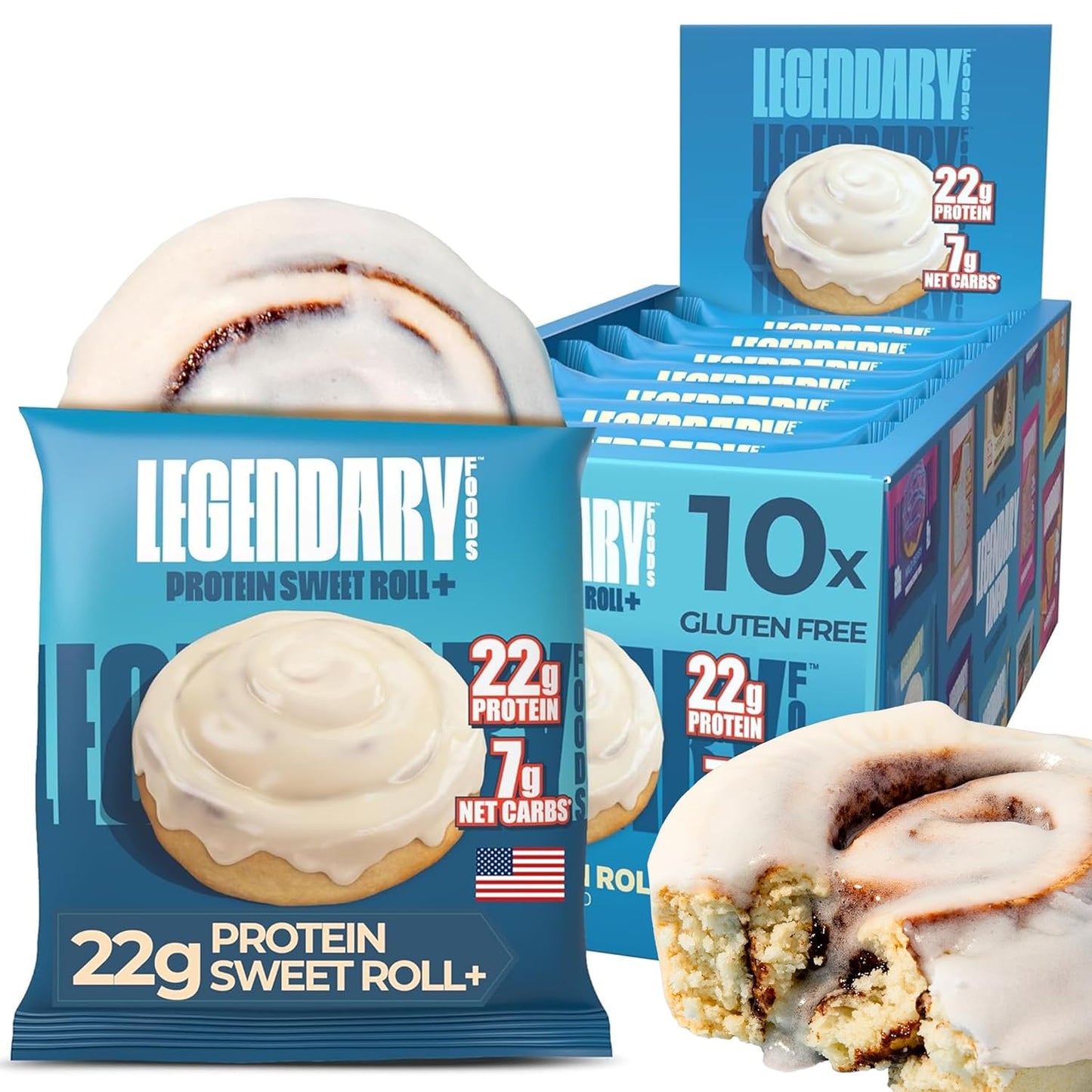 Legendary Foods 22g Protein Cinnamon Roll - Premium High Protien Bars, Low Carb Meal Replacement Snack, Low Glycemic Index, Gluten Free Snacks - Sweet Zero Sugar, Keto and Diabetic Friendly 10-Pack